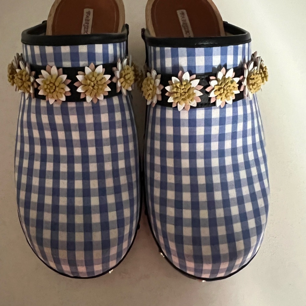 Fabrizio Viti New!! Chic Blue Gingham Mules with Floral Embellishments